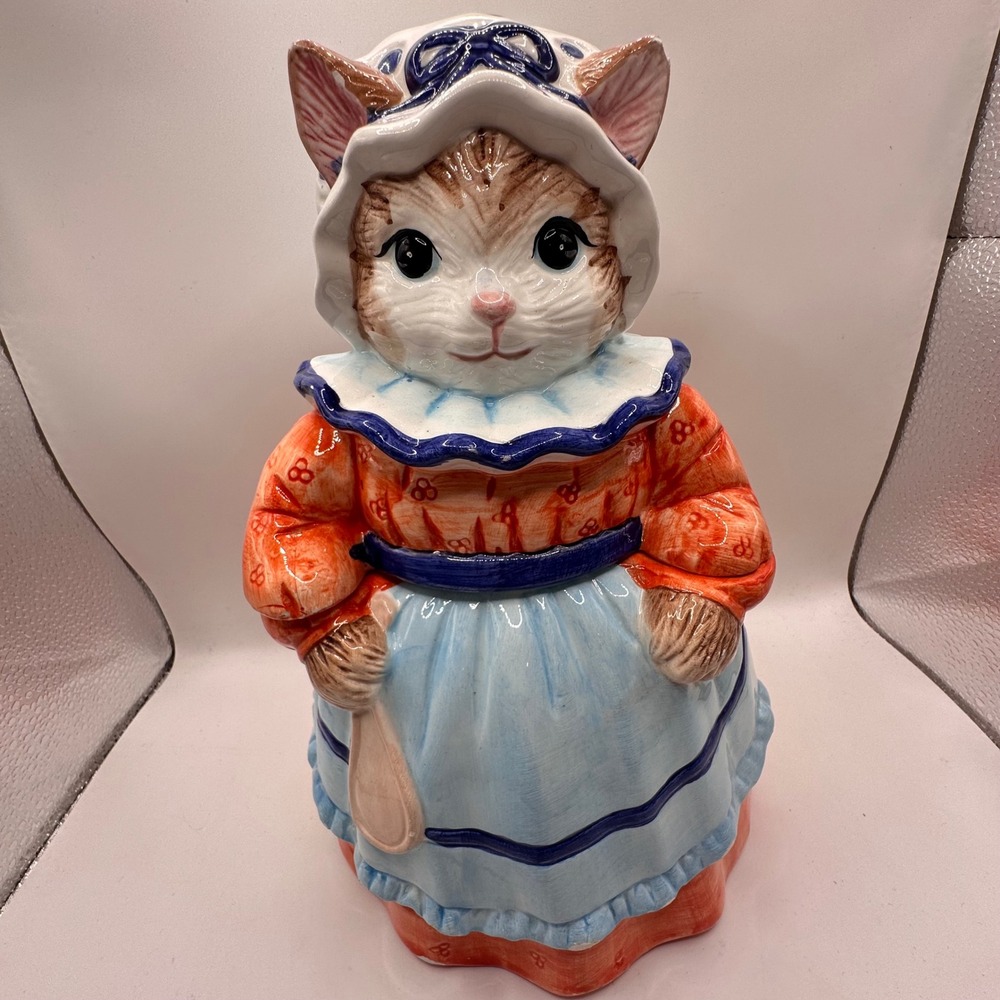 Vintage Ceramic Anthropomorphic Cat Cookie Jar Bonnet Apron Orange Blue Baker